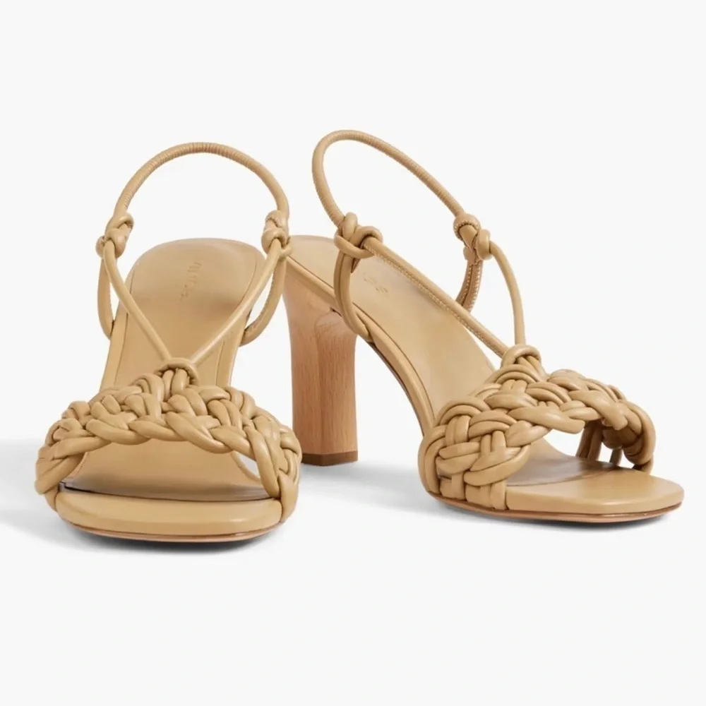 Vince braided leather “Quenelle” slingback heeled strappy sandals in “dune” tan